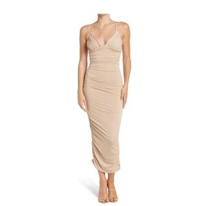 THE FASHION POET V-Neck Ruched Bodycon Dress Nude